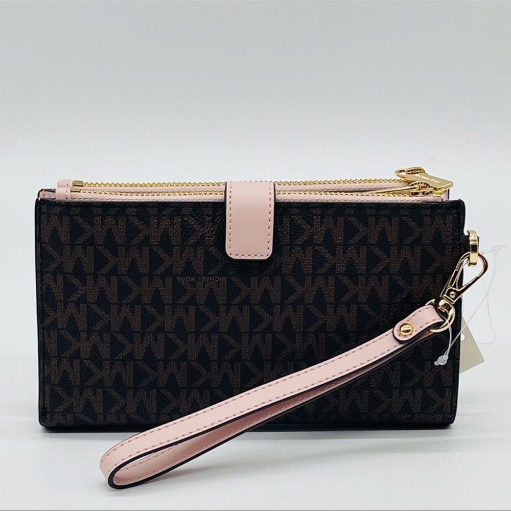 Michael Kors Large Double Zip Wallet Wristlet Leather Rich Brown/Light Pink - Picture 4 of 8